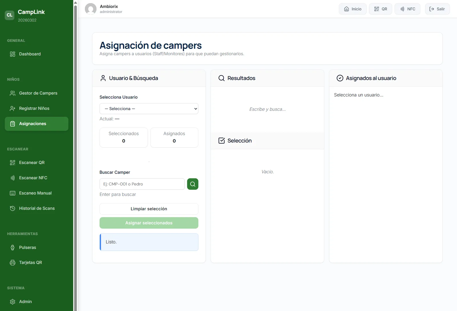 Pantalla de CampLink para asignar campers a los monitores