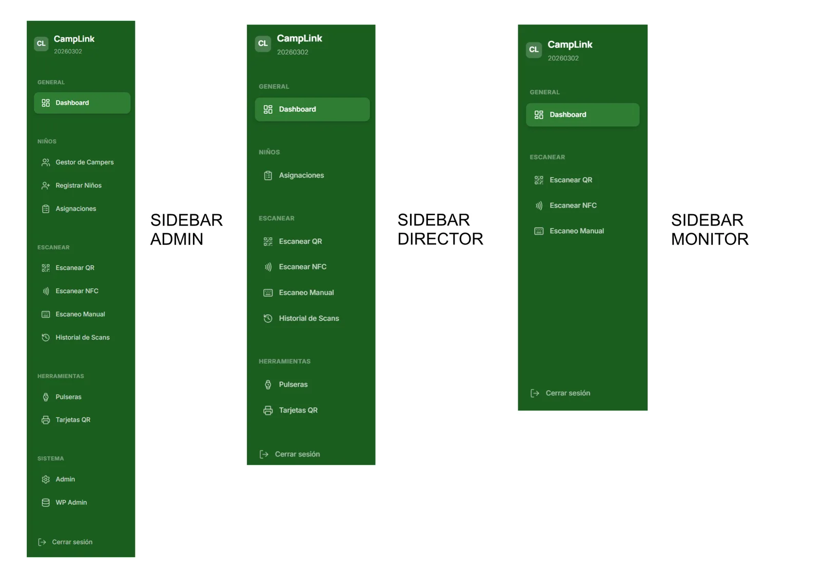 Menú de CampLink para los roles de administración, dirección y monitor