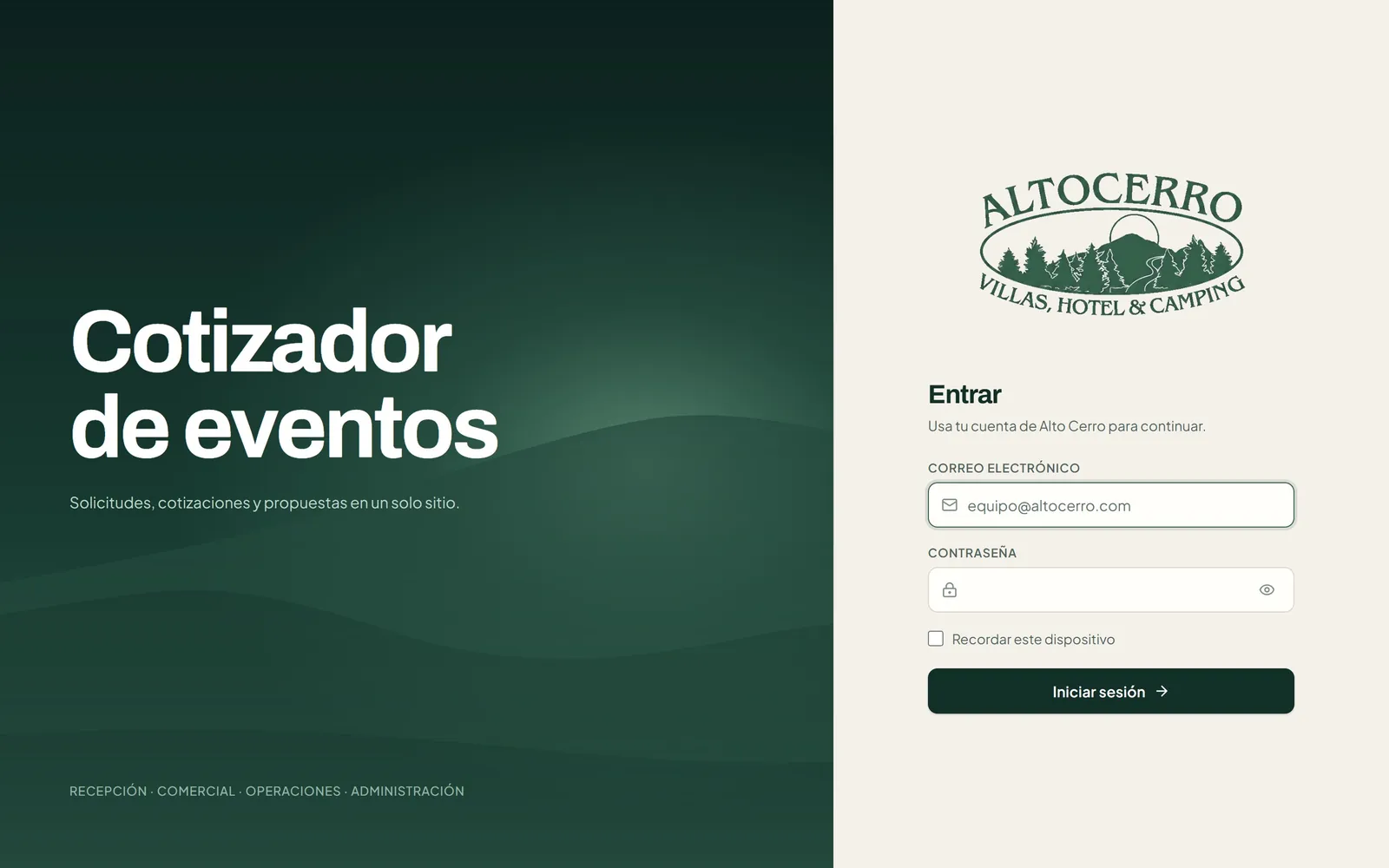 Vista principal de Cotizador Altocerro