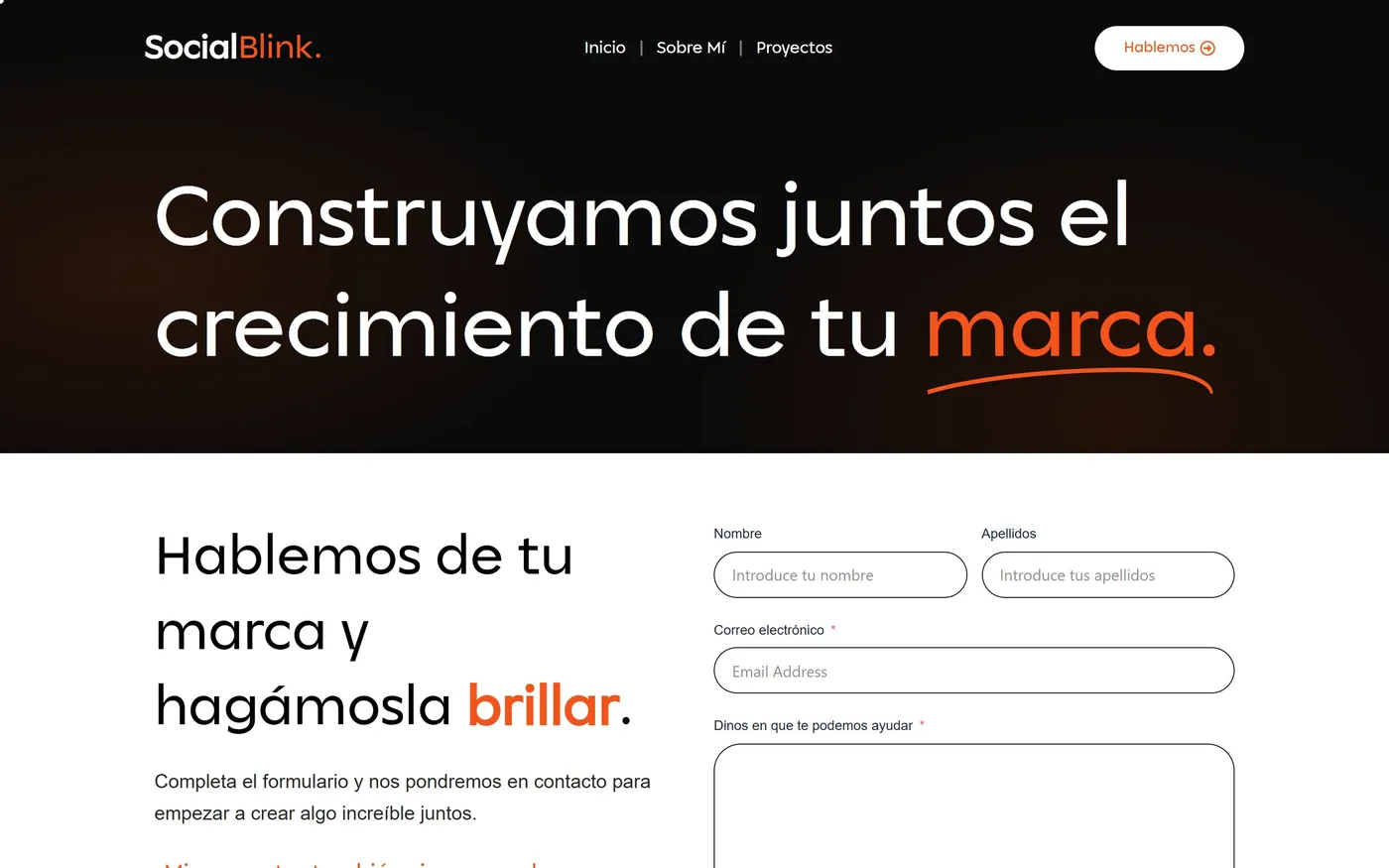 Página de contacto del sitio web de Social Blink